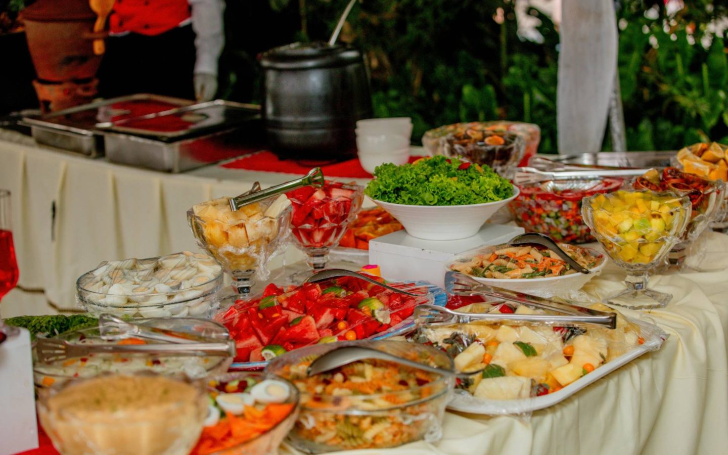 a buffet table laden with food